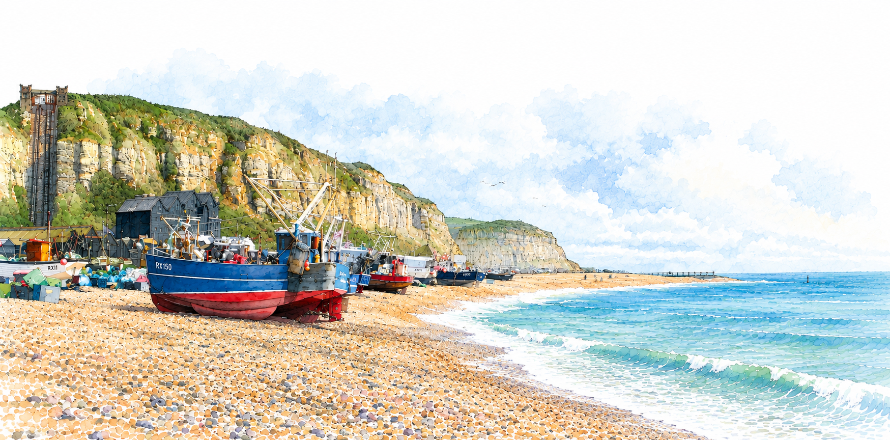 Watercolour of fishing boats on the shingle at Hastings, beneath the East Hill cliffs